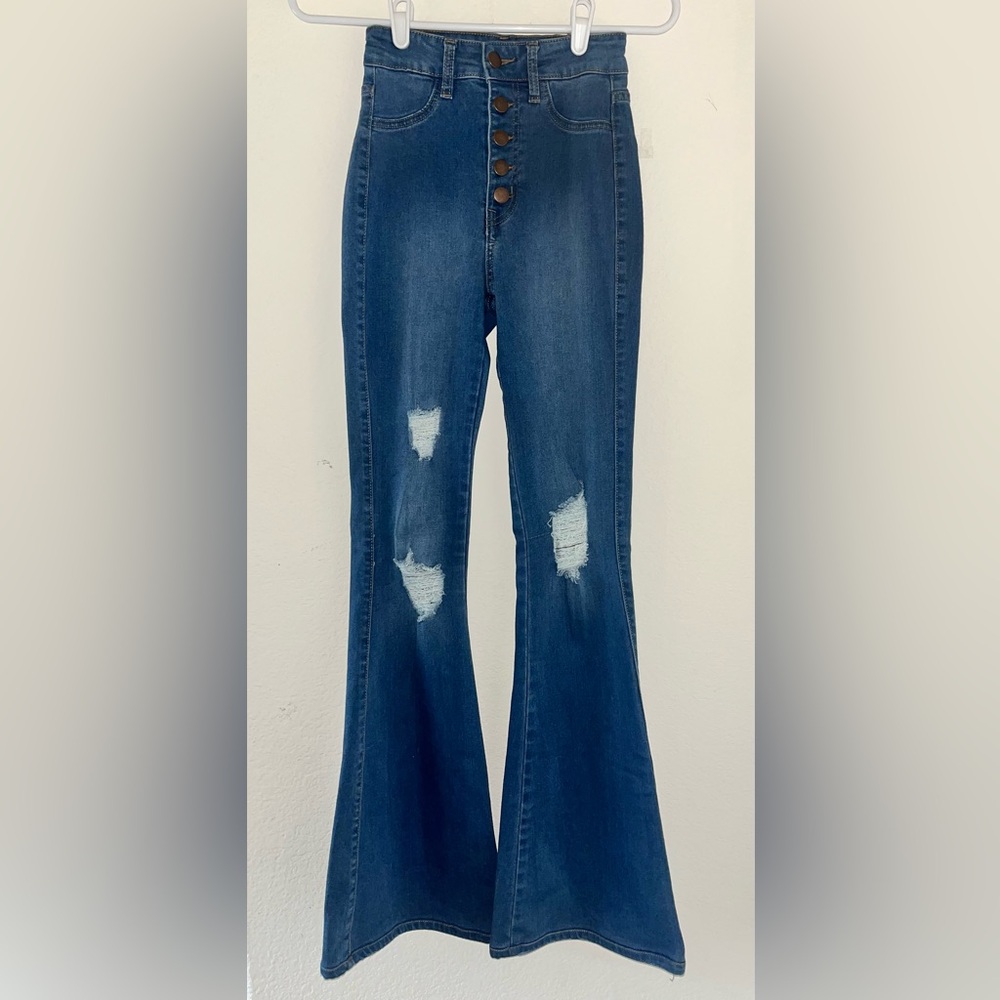 Fashion Nova Women's Blue Distressed Flare / Bell Bottom Jeans